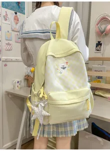 Koreaanse stijl geruite schoolrugzak met schattig hondjesborduurwerk en grote capaciteit.
