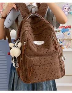 Bruine corduroy schoolrugzak met sterrenprint, casual lichte tas voor dagelijks gebruik.