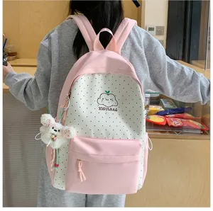 Japans stijl roze stip canvas rugzak schattige student casual tas grote capaciteit