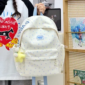 Koreaanse stijl studenten canvas rugzak met blauw stermotief grote capaciteit dagelijkse tas.
