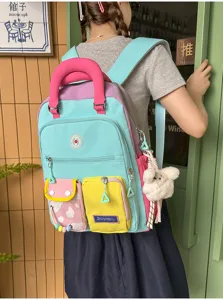 Kleurrijke dopamine colorblock casual rugzak met een schattige berenhanger voor school