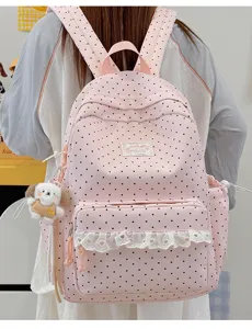 Koreaanse schattige roze stippen rugzak met witte kant en hondenhanger voor schoolmeisjes.