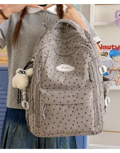 Grijs corduroy rugzak met schattige sterrenprint en wolk patch, lichte schooltas.