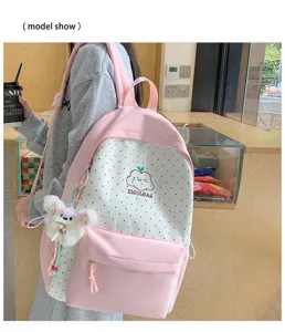 Japans stijl schattige print rugzak grote capaciteit schooltas roze stippen met berenhanger
