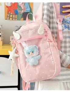 Roze schattige rugzak met engelenvleugels, transparant voorvak en sterrenprint voor meisjes.