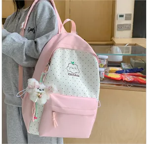 Roze stippen rugzak met pluche beer hanger, schattige Japanse stijl schooltas voor tieners meisje.