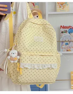 Leuke gele rugzak met polkadots, kanten rand en hondenhanger voor school dagelijks.