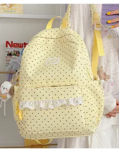 Koreaanse gele polkadot rugzak met kantafwerking en schattige hondenhanger voor school.