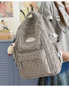 Leuke grijze ribfluwelen rugzak met sterrenprint, wolk patch en vakken voor school.