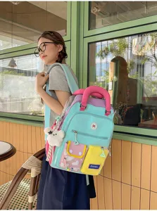 Koreaanse stijl dopamine kleurenblok rugzak voor dames, schattige casual schooltas met zakken