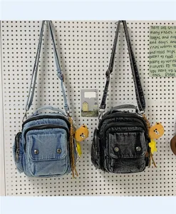 Casual denim cross body bag multi pocket shoulder bag with cute bear pendant for women