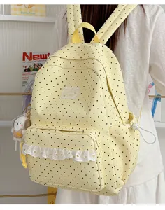 Schattige gele polkadots rugzak in Koreaanse stijl met witte kant afwerking detail.