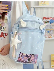 Lichtblauwe engelen vleugels rugzak, transparante PVC sterren schooltas voor tieners en studenten.