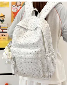 Grijs canvas studenten schooltas met schattig konijnenpatroon, grote casual rugzak.