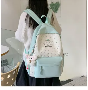 Leuke bedrukte casual studentenrugzak met stippen en een schattige pluche berenhanger.