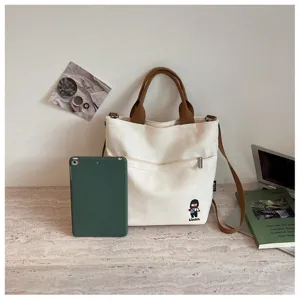 Sac cabas en toile épaisse style coréen pour femmes, sac bandoulière décontracté marron.
