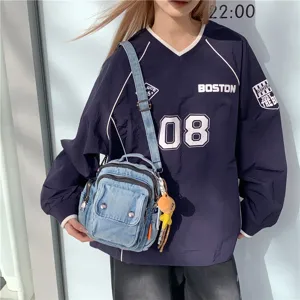 Casual Denim Crossbody Bag For Women Chic Washed Patchwork Top Handle Shoulder Handbag Slouchy Small Tote Bag Multi Pocket Phone Purse Daily