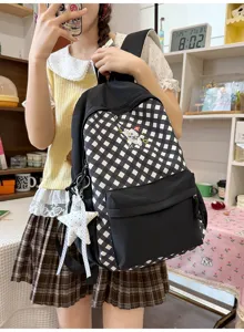Zwarte en witte ruitjes studenten rugzak in Koreaanse stijl met een mooie ster hanger