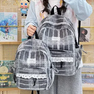 Koreaanse stijl polkadot kanten rugzak, leuke grijze dubbele schouderrugzak voor dagelijks gebruik.