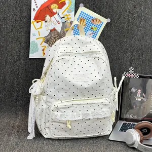 Leuke Koreaanse stippen rugzak met kant volants en parels, casual schooltas voor meiden.