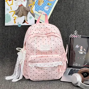 Leuke roze stippen rugzak in Koreaanse stijl met kanten afwerking voor school en dagelijks gebruik.