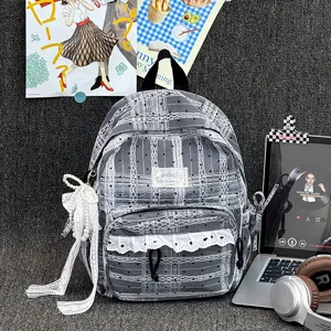 Koreaanse stijl ruiten rugzak met kant en parel strik, leuke casual schooltas voor meisjes.