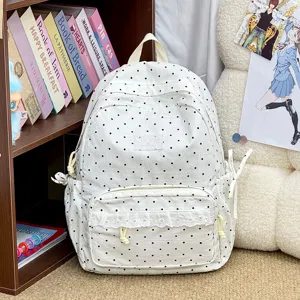 Koreaanse stijl polkadot canvas rugzak casual schattige schooltas met kanten zak en strikken