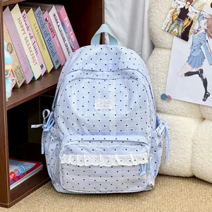 Schattige Koreaanse stijl blauwe stippen rugzak met mooie kantafwerking, casual schooltas.