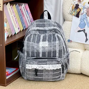 Koreaanse geruite polkadot rugzak met schattige kantafwerking, casual stijlvolle schooltas.
