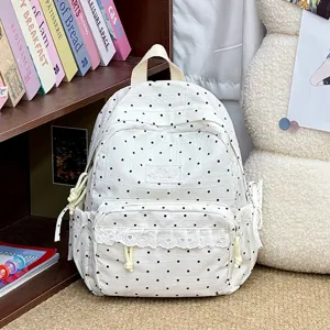 Koreaanse college stijl stippen rugzak met schattige kanten rand, casual tas voor meisjes.