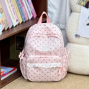 Roze stip rugzak schattige kant schooltas casual dagrugzak voor meisjes esthetisch leuk