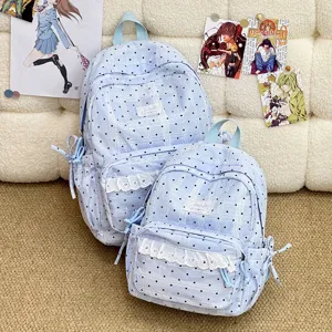 Koreaanse stijl polkadot schoolrugzak met schattige kantafwerking, casual dubbele schouder tas.