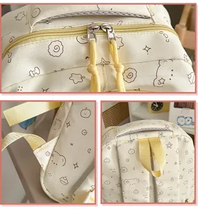 Leuke esthetische canvas rugzak met berenprint, gele bandjes, schooltas voor dagelijks gebruik.