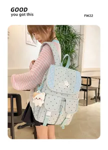 Koreaanse stijl polkadot retro rugzak voor studenten, leuke blauwe casual schooltas met ruitjesflap.