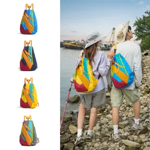 Outdoor colorful patchwork foldable backpack scene detail, casual travel sports portable bag.