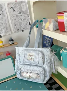 Lichtblauwe sterrengestreepte canvas tote bag, veelzijdige studentenschoudertas met leuk kant.