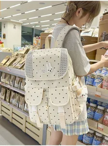 Koreaanse vintage polkadot rugzak, casual schattige schooltas met konijnenpatch.