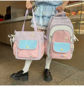 Koreaanse stijl dopamine kleurenblok studenten rugzak en shopper set voor school meisjes.