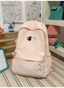 Roze canvas rugzak voor studenten schattige kat borduurwerk casual schooltas groot
