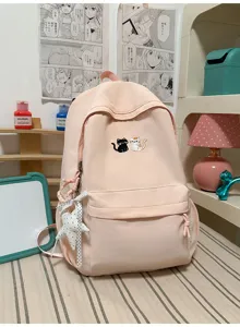 Roze casual canvas schoolrugzak met schattige kattenborduurwerk en sterrenhangertje.