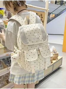 Koreaanse stijl stippen canvas rugzak met schattige pluche kattenhanger, casual schooltas.