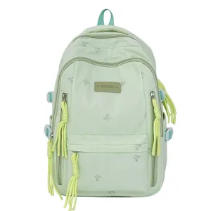 Mintgroene schattige rugzak met strikbroderie voor meisjes, grote capaciteit schooltas en dagtas