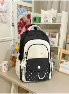 Koreaanse stijl contrastkleur studenten schooltas met schattige stippen en multifunctionele rugzak.
