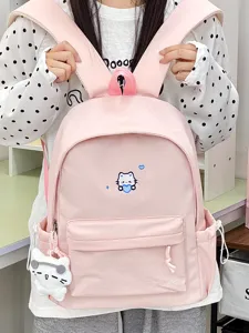 Roze schattige rugzak voor studenten, grote schooltas met mooie kattenborduurwerk en hanger.