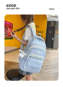 Koreaanse stijl canvas schoolrugzak voor meisjes, schattig ruitjesdesign met meerdere vakken.