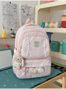 Roze stergestreepte schoolrugzak met kantrand, doorzichtig venster en leuk konijnenhangertje