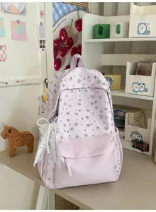 Leuke lavendelkleurige Koreaanse stijl rugzak met hartje en strik print voor jonge meiden.