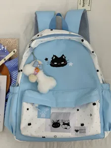 Leuke blauwe sterren rugzak zwarte kat ontwerp, casual studenten tas voor dagelijks.