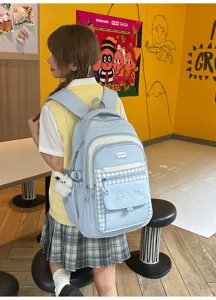 Koreaanse schoolrugzak voor meisjes, leuke blauwe ruitjesrugzak voor studenten.