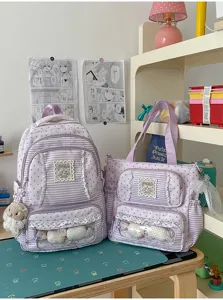 Schattige sterren streep studenten rugzak set, paarse schooltas met doorzichtige zak.